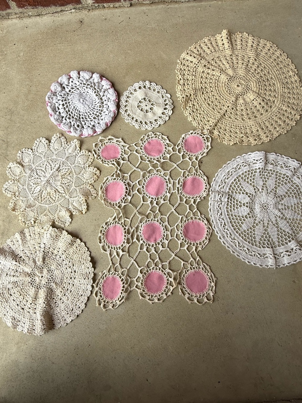 Vintage Crochet Doilies Lot of 7 pink, white beige doily